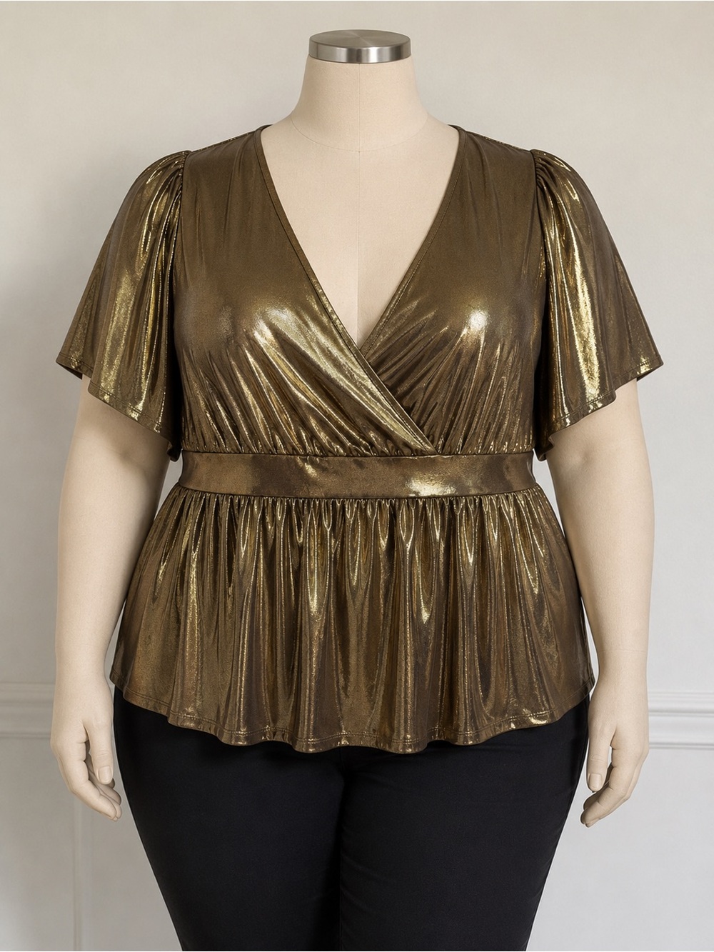 NWT Torrid Liquid Shine Surplice Split Sleeve Peplum Top in Gold